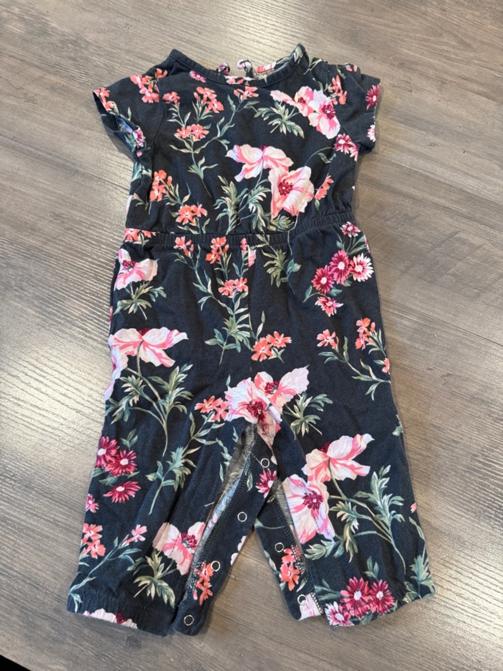 Old Navy Black Floral Girls Romper with Pink & Coral Blooms